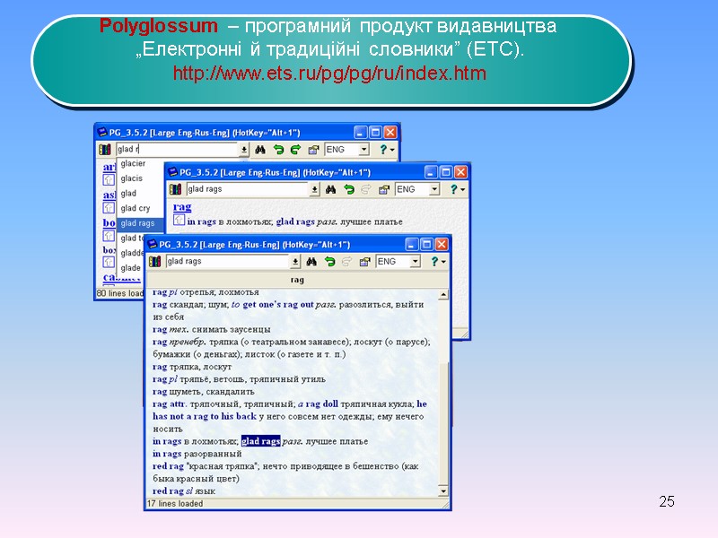 25 Polyglossum – програмний продукт видавництва   „Електронні й традиційні словники” (ЕТС). 